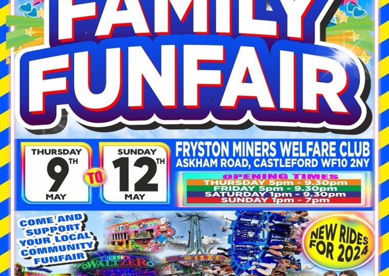 Poster advertising the Family Funfair at Fryston Miners Welfare Club